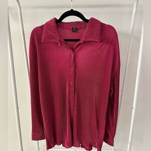 SHEIN Ribbed Button Down Shirt in Vibrant Pink
